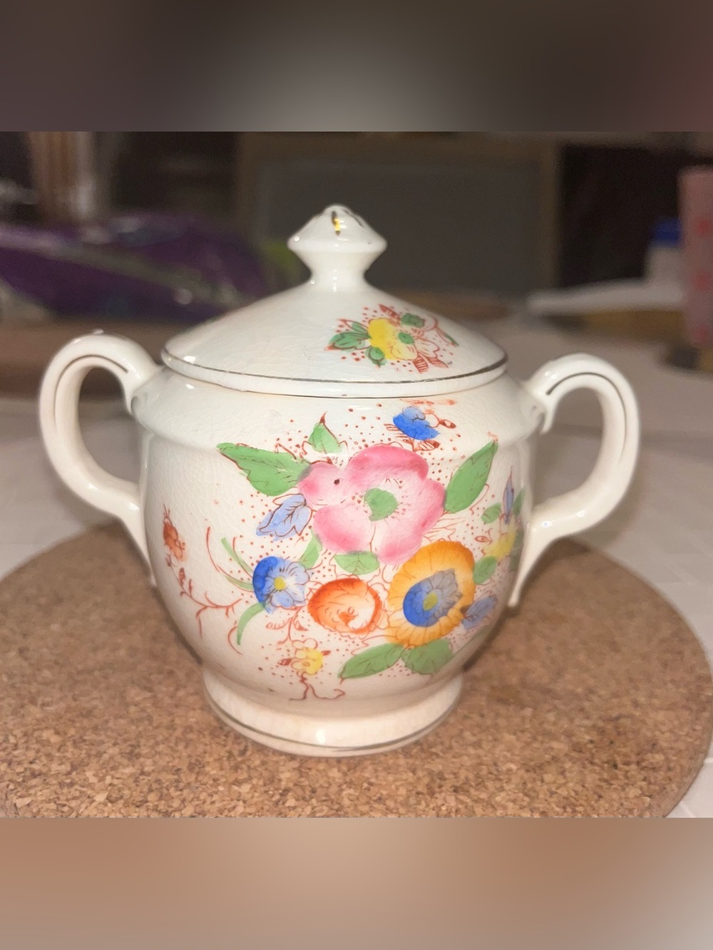 Japanese ceramic floral sugar jar/bowl